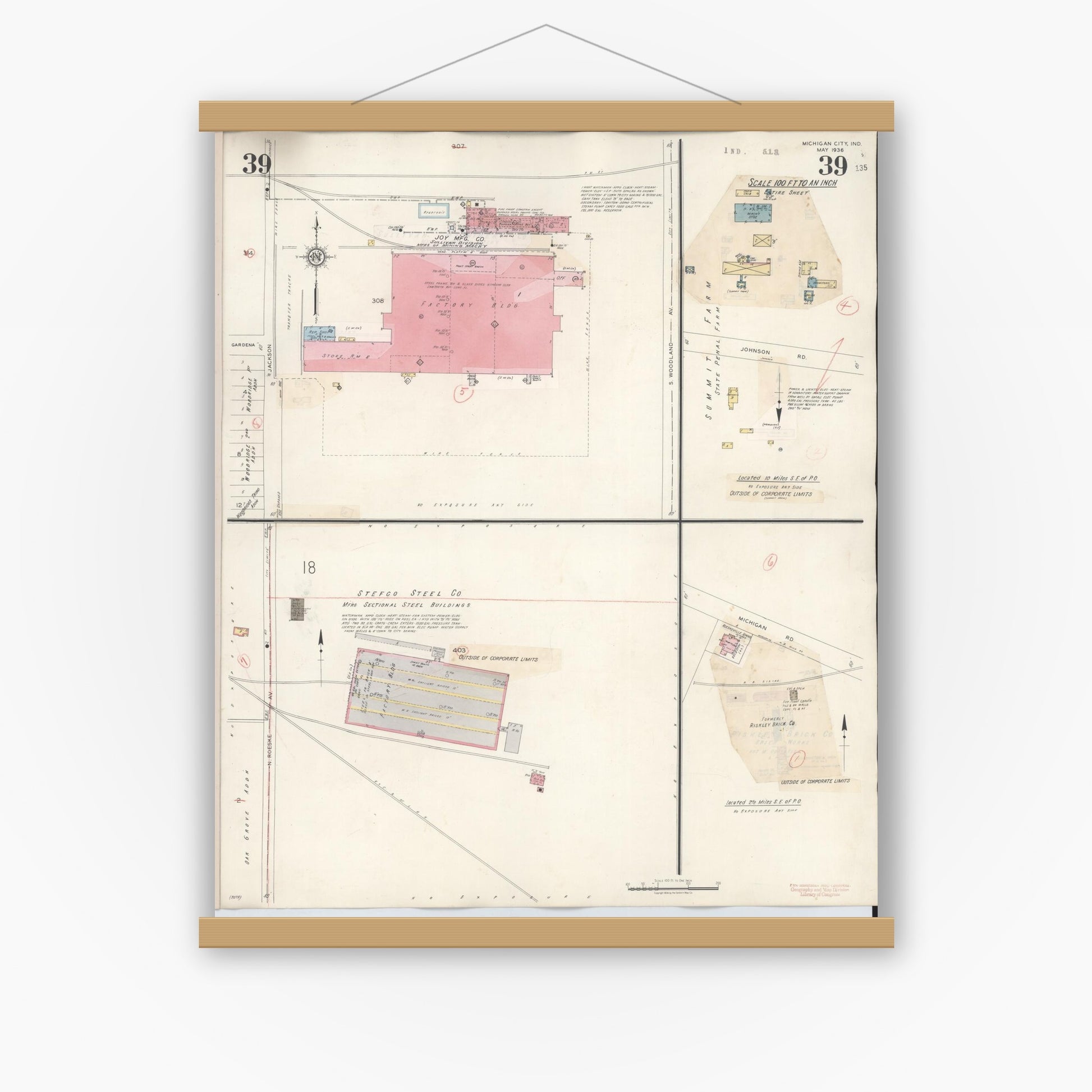 Old map wall art mockup — magnetic wood frame on white wall — Sanborn Fire Insurance Map from Michigan City, La Porte County, Indiana (1948), Sheet #0039