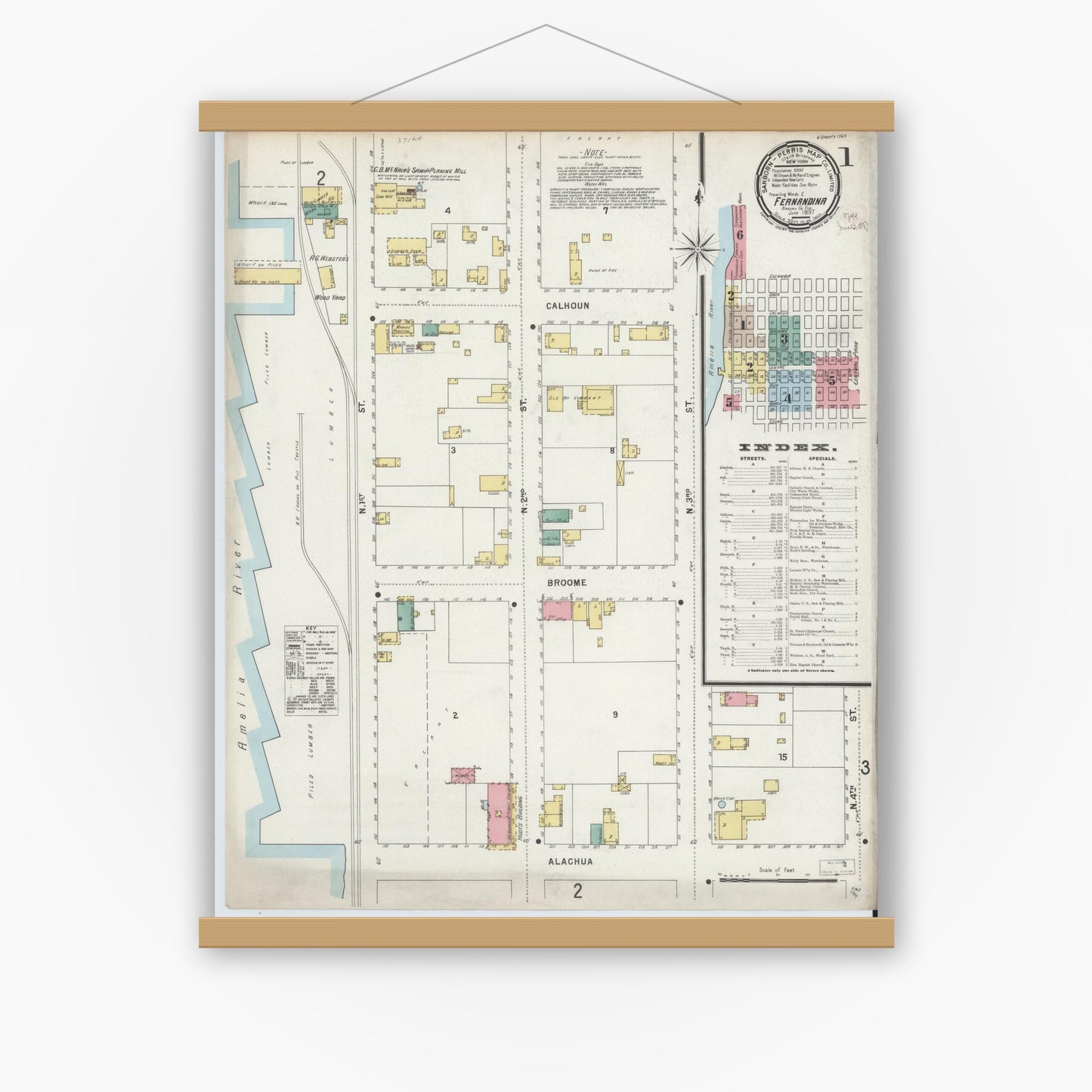Old map wall art mockup — magnetic wood frame on white wall — Sanborn Fire Insurance Map from Fernandina, Nassau County, Florida (1897) - Complete Map Set