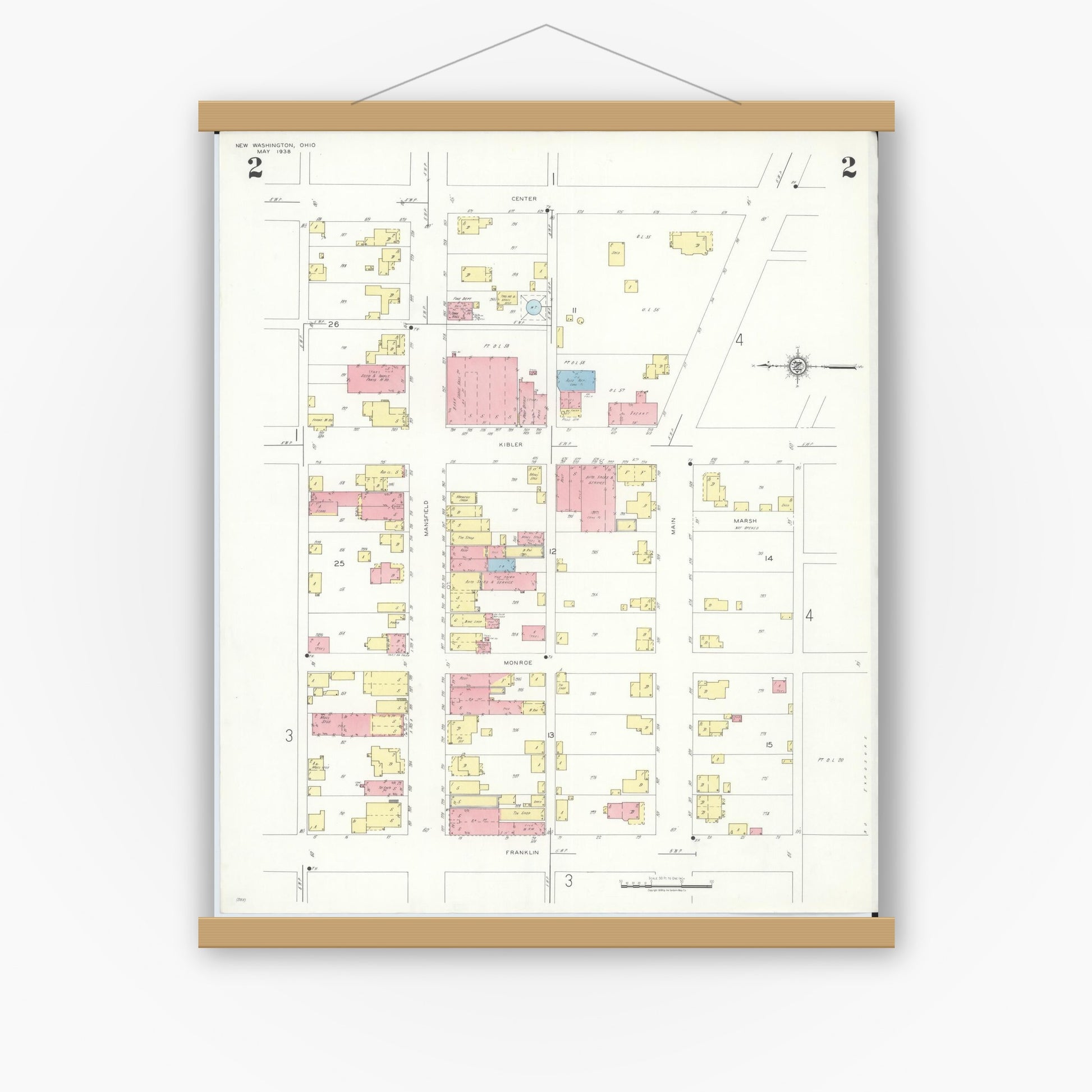 Old map wall art mockup — magnetic wood frame on white wall — Sanborn Fire Insurance Map from New Washington, Crawford County, Ohio (1938), Sheet #0002