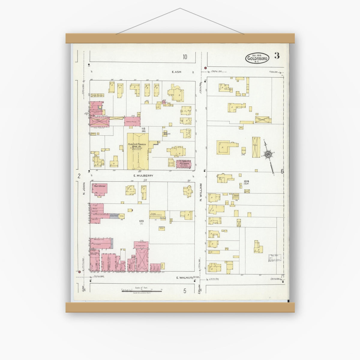 Old map wall art mockup — magnetic wood frame on white wall — Sanborn Fire Insurance Map from Goldsboro, Wayne County, North Carolina (1918), Sheet #0003