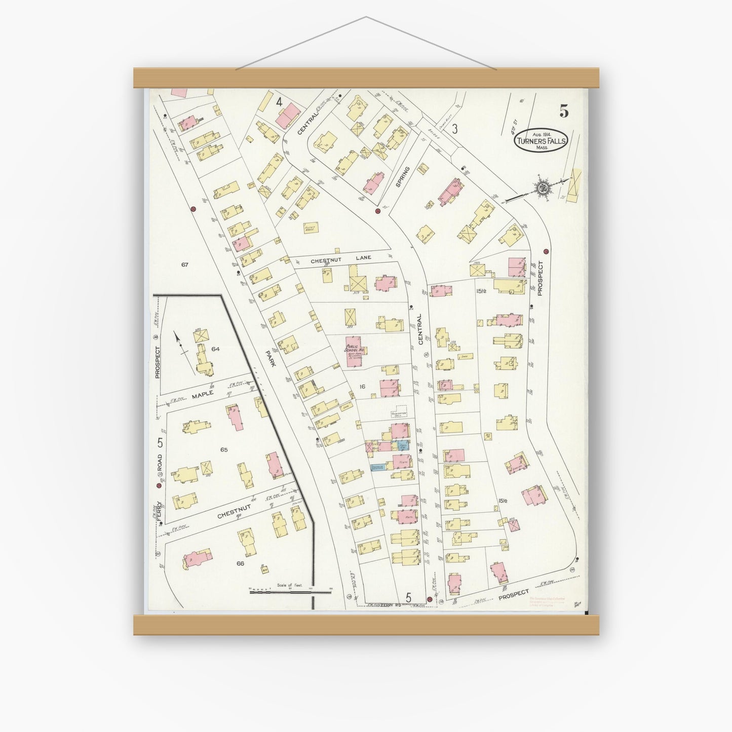 Old map wall art mockup — magnetic wood frame on white wall — Sanborn Fire Insurance Map from Turners Falls, Franklin County, Massachusetts (1914), Sheet #0005