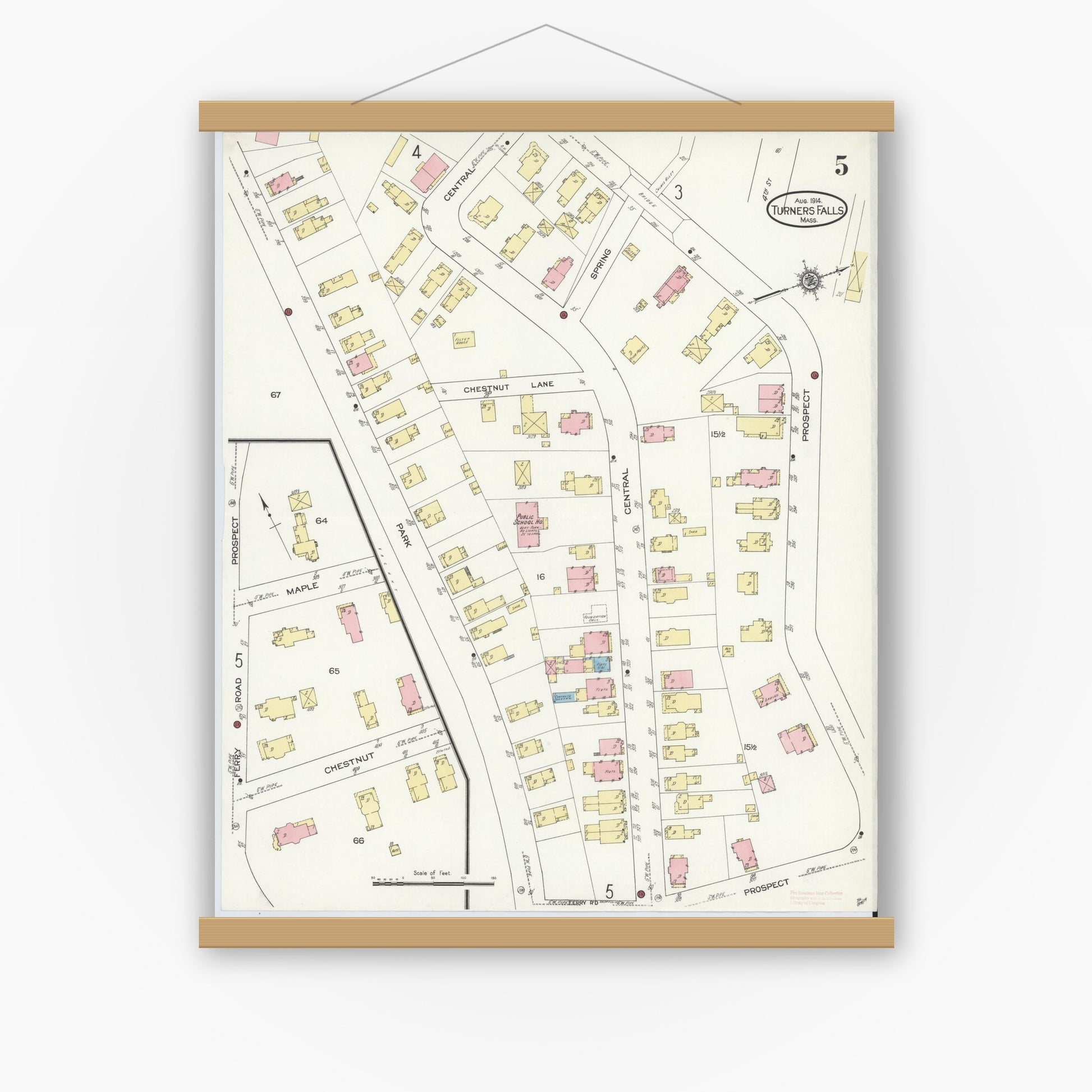 Old map wall art mockup — magnetic wood frame on white wall — Sanborn Fire Insurance Map from Turners Falls, Franklin County, Massachusetts (1914), Sheet #0005