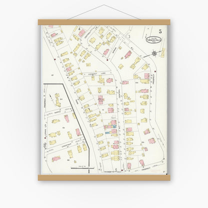 Old map wall art mockup — magnetic wood frame on white wall — Sanborn Fire Insurance Map from Turners Falls, Franklin County, Massachusetts (1914), Sheet #0005