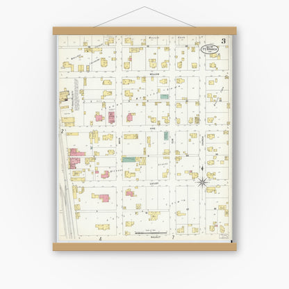Old map wall art mockup — magnetic wood frame on white wall — Sanborn Fire Insurance Map from Fort Branch, Gibson County, Indiana (1907), Sheet #0003