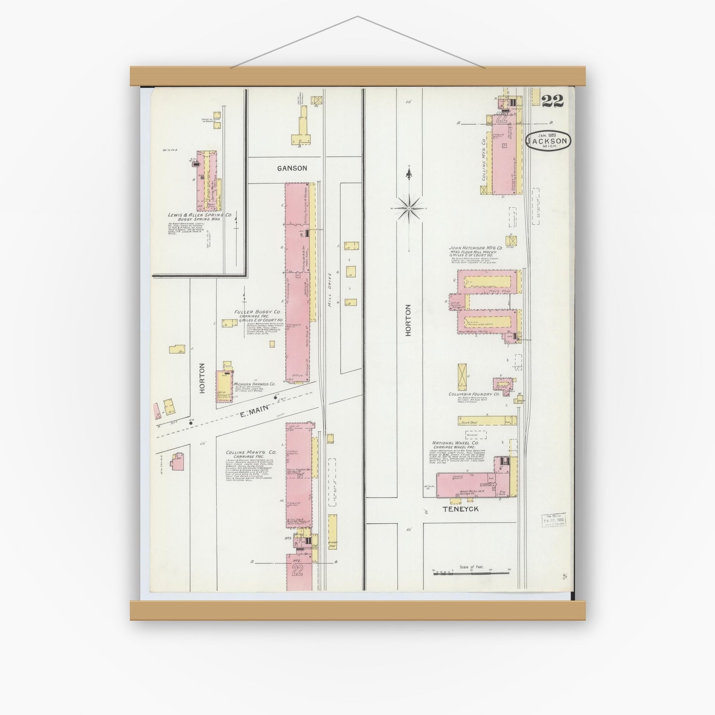 Old map wall art mockup — magnetic wood frame on white wall — Sanborn Fire Insurance Map from Jackson, Jackson County, Michigan (1893), Sheet #0022