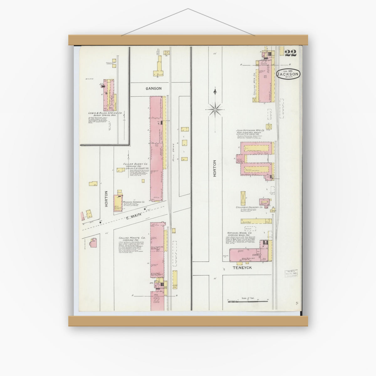 Old map wall art mockup — magnetic wood frame on white wall — Sanborn Fire Insurance Map from Jackson, Jackson County, Michigan (1893), Sheet #0022