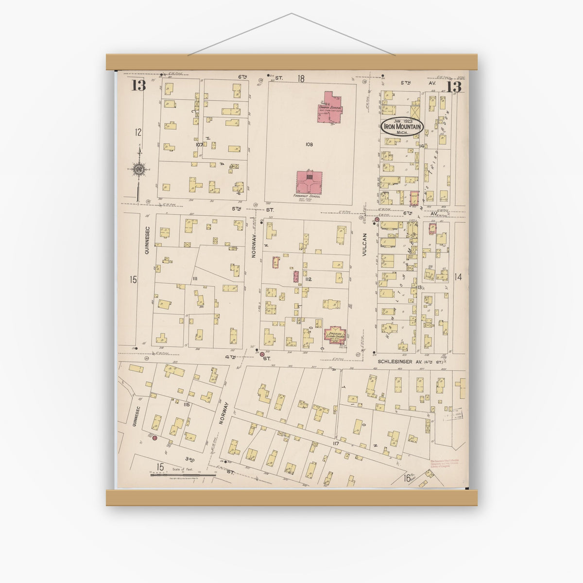 Old map wall art mockup — magnetic wood frame on white wall — Sanborn Fire Insurance Map from Iron Mountain, Dickinson County, Michigan (1923), Sheet #0013