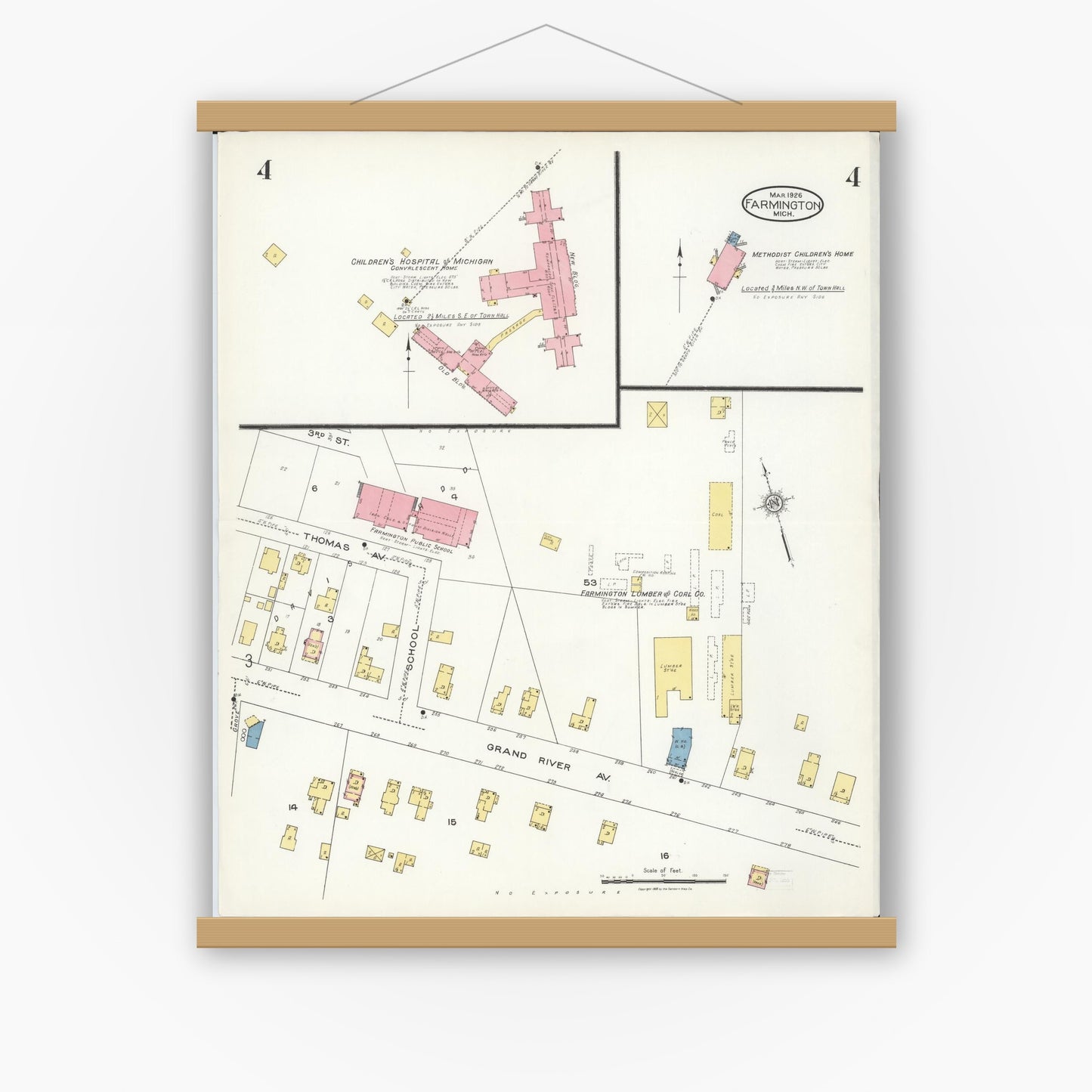 Old map wall art mockup — magnetic wood frame on white wall — Sanborn Fire Insurance Map from Farmington, Oakland County, Michigan (1926), Sheet #0004