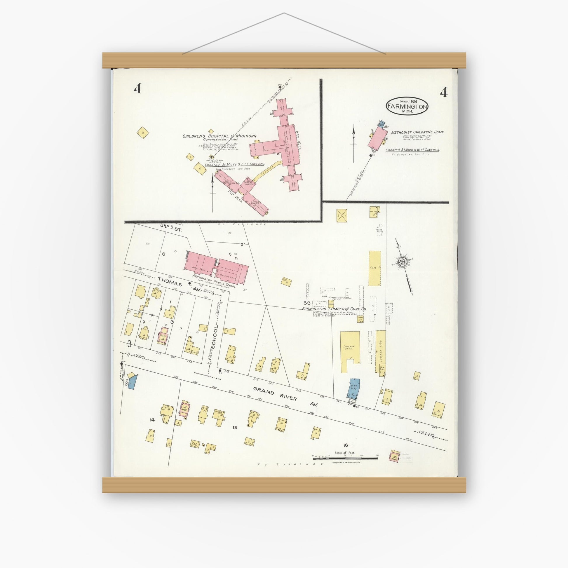 Old map wall art mockup — magnetic wood frame on white wall — Sanborn Fire Insurance Map from Farmington, Oakland County, Michigan (1926), Sheet #0004