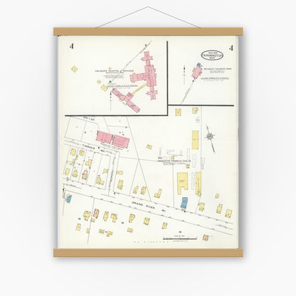 Old map wall art mockup — magnetic wood frame on white wall — Sanborn Fire Insurance Map from Farmington, Oakland County, Michigan (1926), Sheet #0004