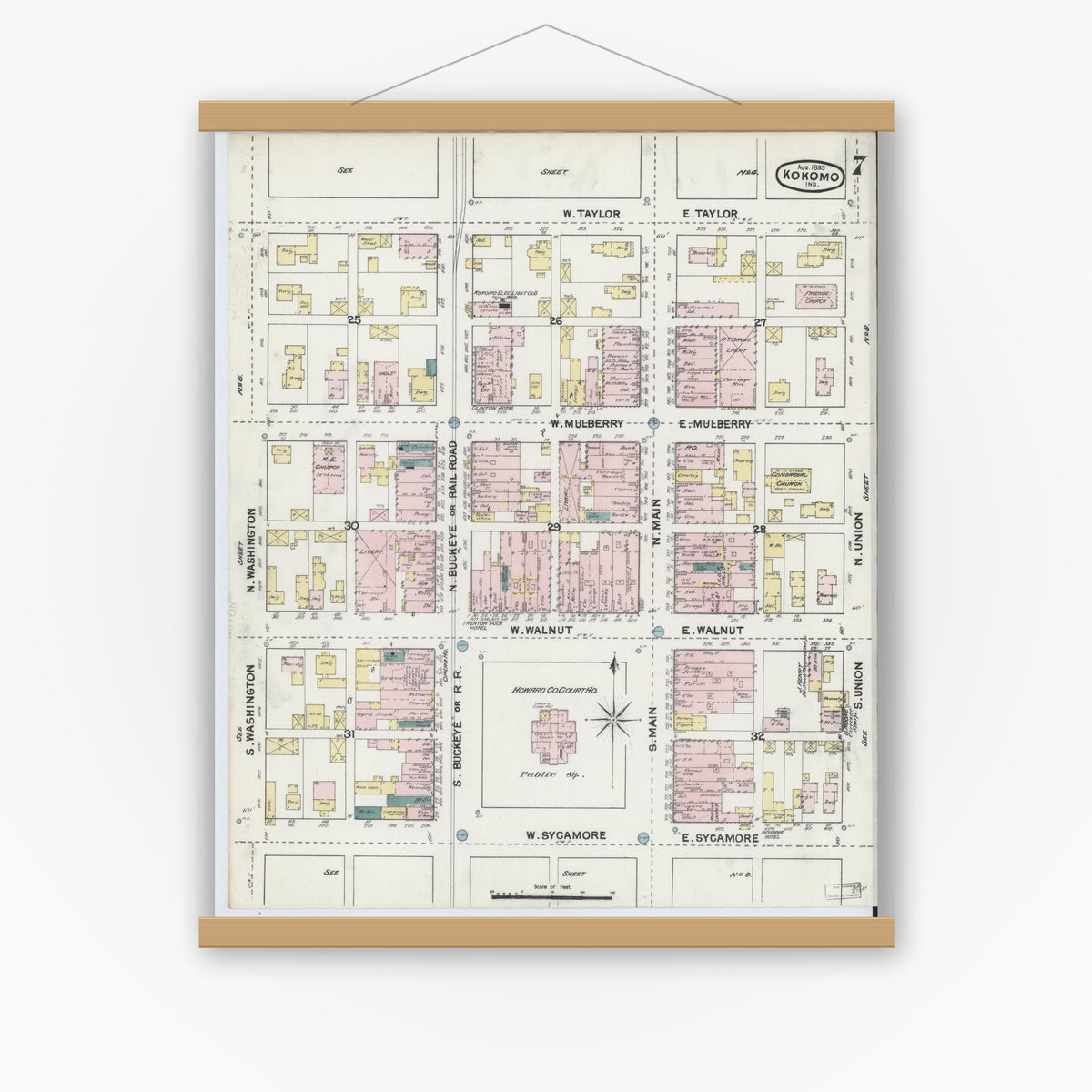 Old map wall art mockup — magnetic wood frame on white wall — Sanborn Fire Insurance Map from Kokomo, Howard County, Indiana (1889), Sheet #0007