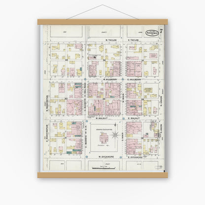Old map wall art mockup — magnetic wood frame on white wall — Sanborn Fire Insurance Map from Kokomo, Howard County, Indiana (1889), Sheet #0007