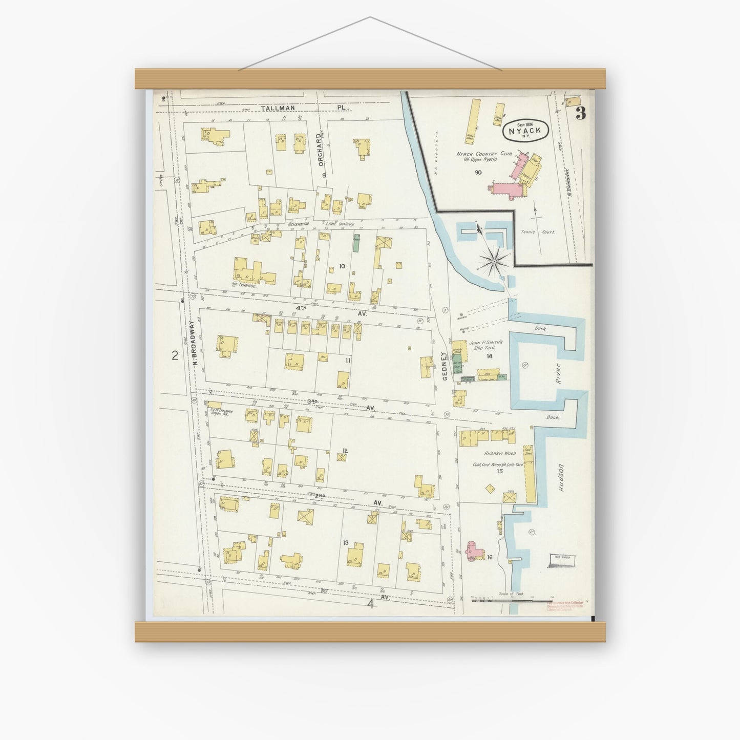Old map wall art mockup — magnetic wood frame on white wall — Sanborn Fire Insurance Map from Nyack, Rockland County, New York. (1896), Sheet #0003