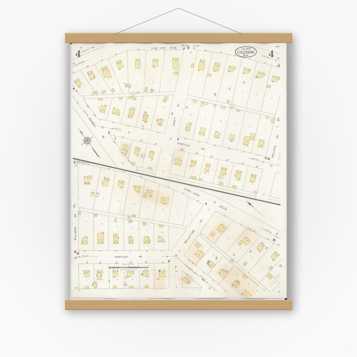 Old map wall art mockup — magnetic wood frame on white wall — Sanborn Fire Insurance Map from Coleraine, Itasca County, Minnesota (1944), Sheet #0004