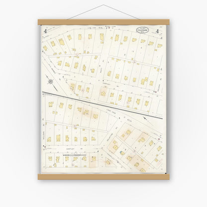 Old map wall art mockup — magnetic wood frame on white wall — Sanborn Fire Insurance Map from Coleraine, Itasca County, Minnesota (1944), Sheet #0004