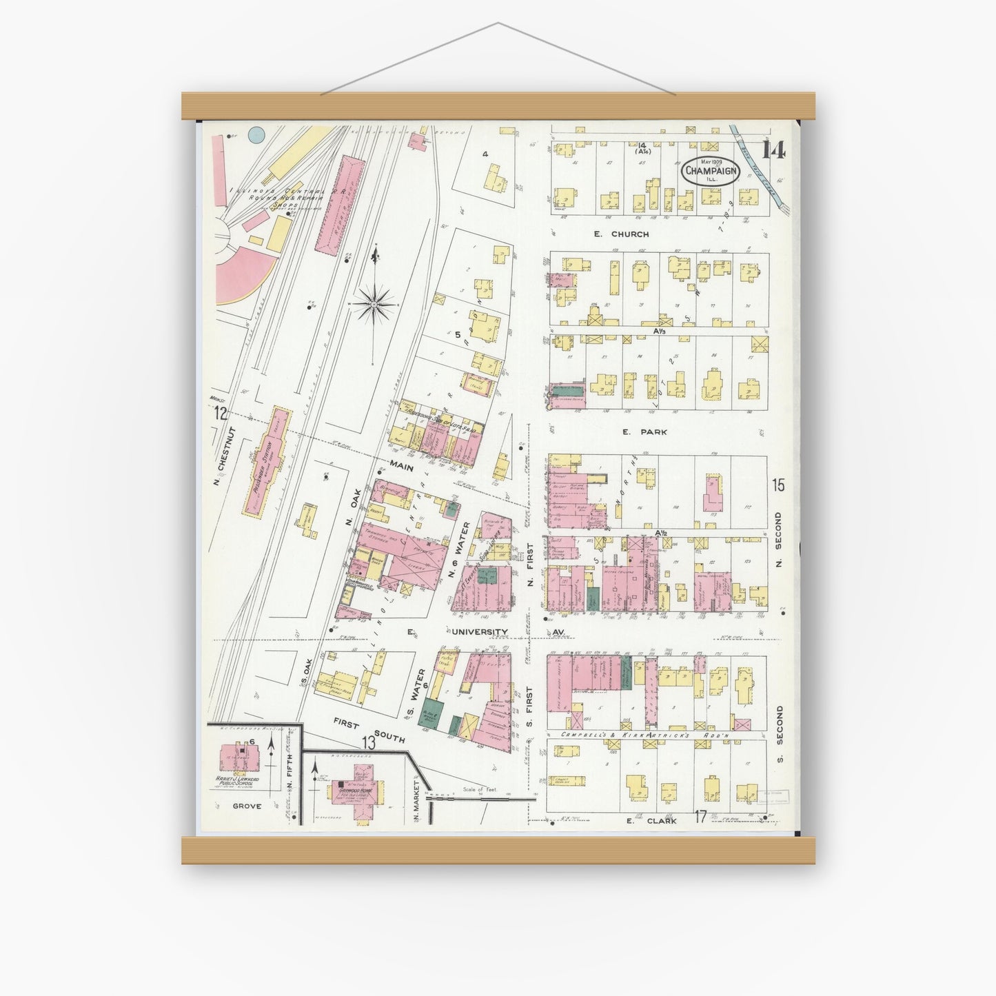 Old map wall art mockup — magnetic wood frame on white wall — Sanborn Fire Insurance Map from Champaign, Champaign County, Illinois (1909), Sheet #0014