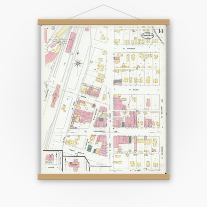 Old map wall art mockup — magnetic wood frame on white wall — Sanborn Fire Insurance Map from Champaign, Champaign County, Illinois (1909), Sheet #0014