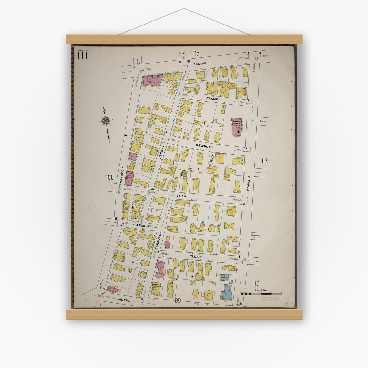 Old map wall art mockup — magnetic wood frame on white wall — Sanborn Fire Insurance Map from Worcester, Worcester County, Massachusetts (1910), Sheet #0111