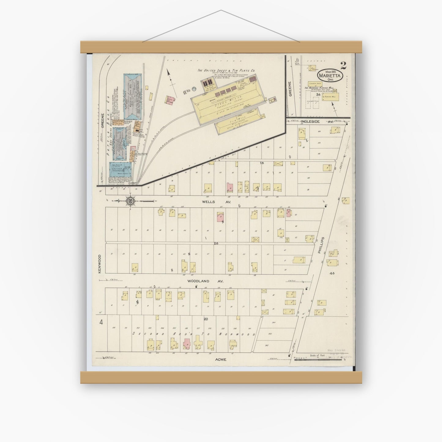 Old map wall art mockup — magnetic wood frame on white wall — Sanborn Fire Insurance Map from Marietta, Washington County, Ohio (1915), Sheet #0002
