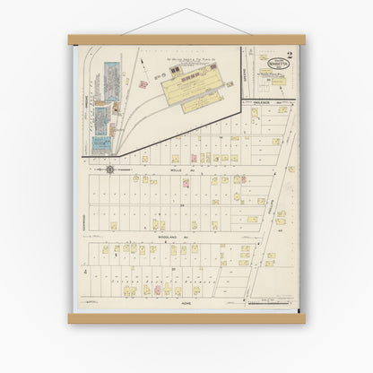 Old map wall art mockup — magnetic wood frame on white wall — Sanborn Fire Insurance Map from Marietta, Washington County, Ohio (1915), Sheet #0002