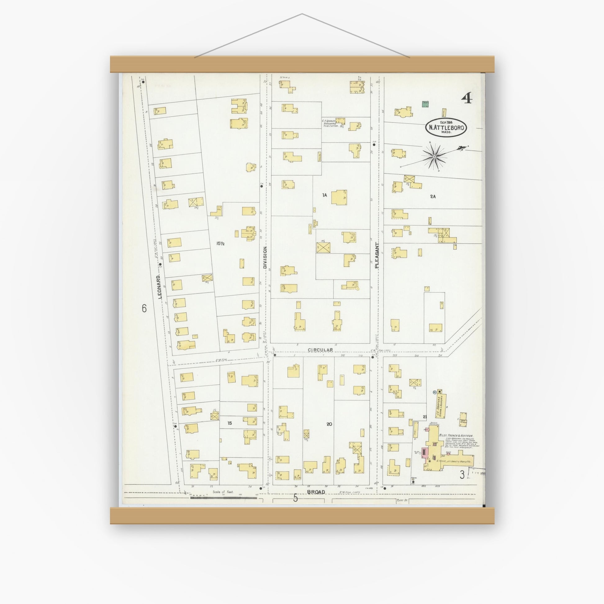 Old map wall art mockup — magnetic wood frame on white wall — Sanborn Fire Insurance Map from North Attleborough, Bristol County, Massachusetts (1904), Sheet #0004