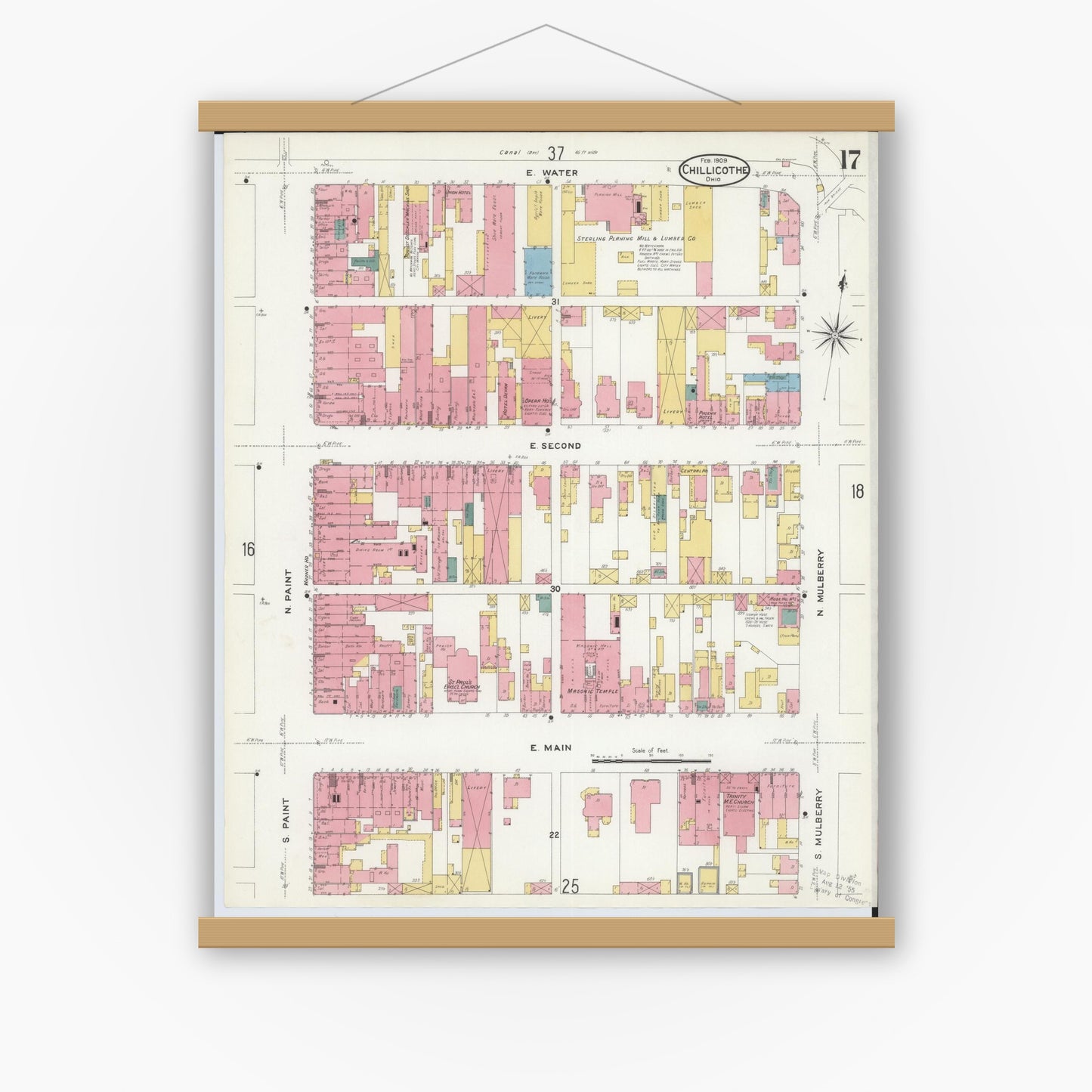 Old map wall art mockup — magnetic wood frame on white wall — Sanborn Fire Insurance Map from Chillicothe, Ross County, Ohio (1909), Sheet #0017