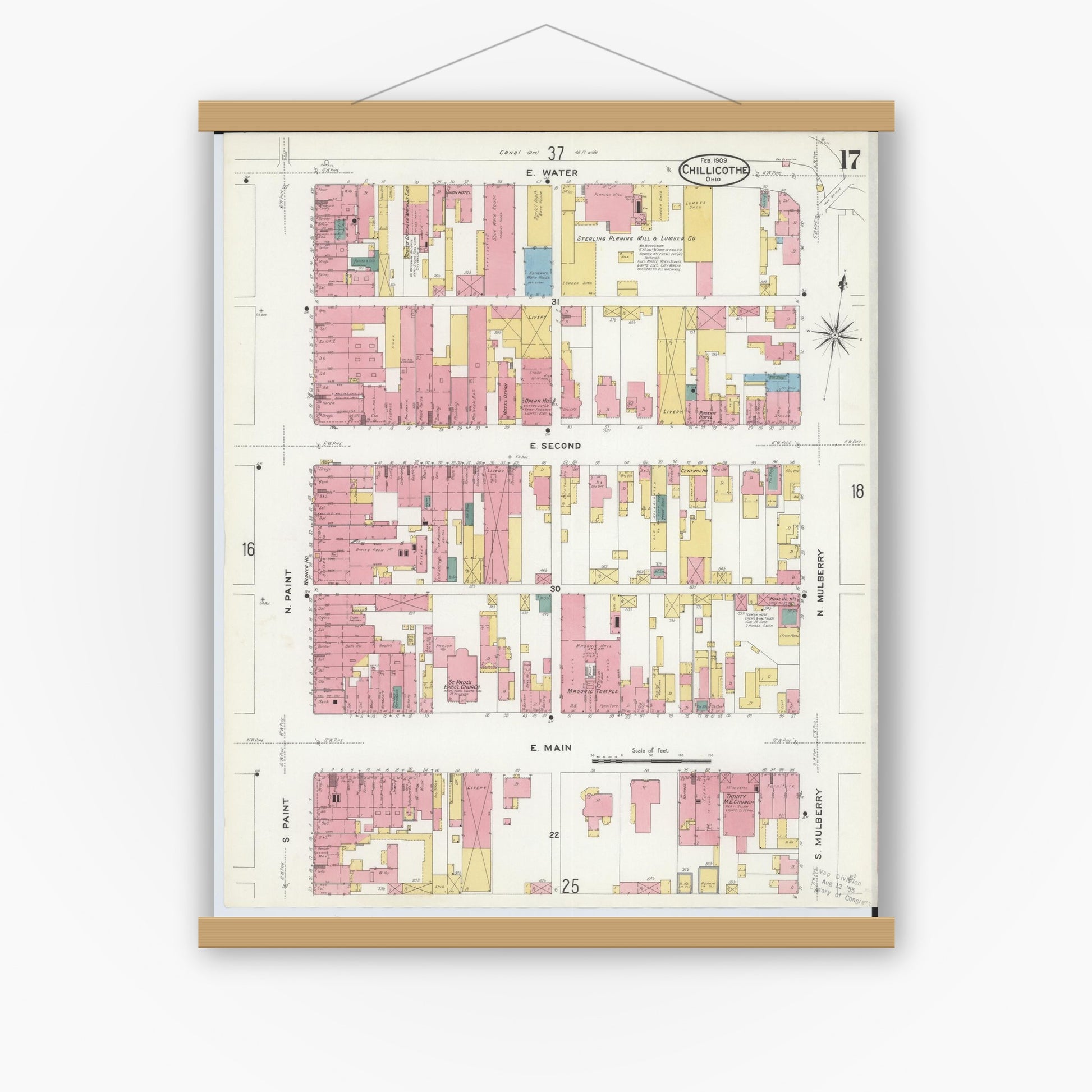 Old map wall art mockup — magnetic wood frame on white wall — Sanborn Fire Insurance Map from Chillicothe, Ross County, Ohio (1909), Sheet #0017
