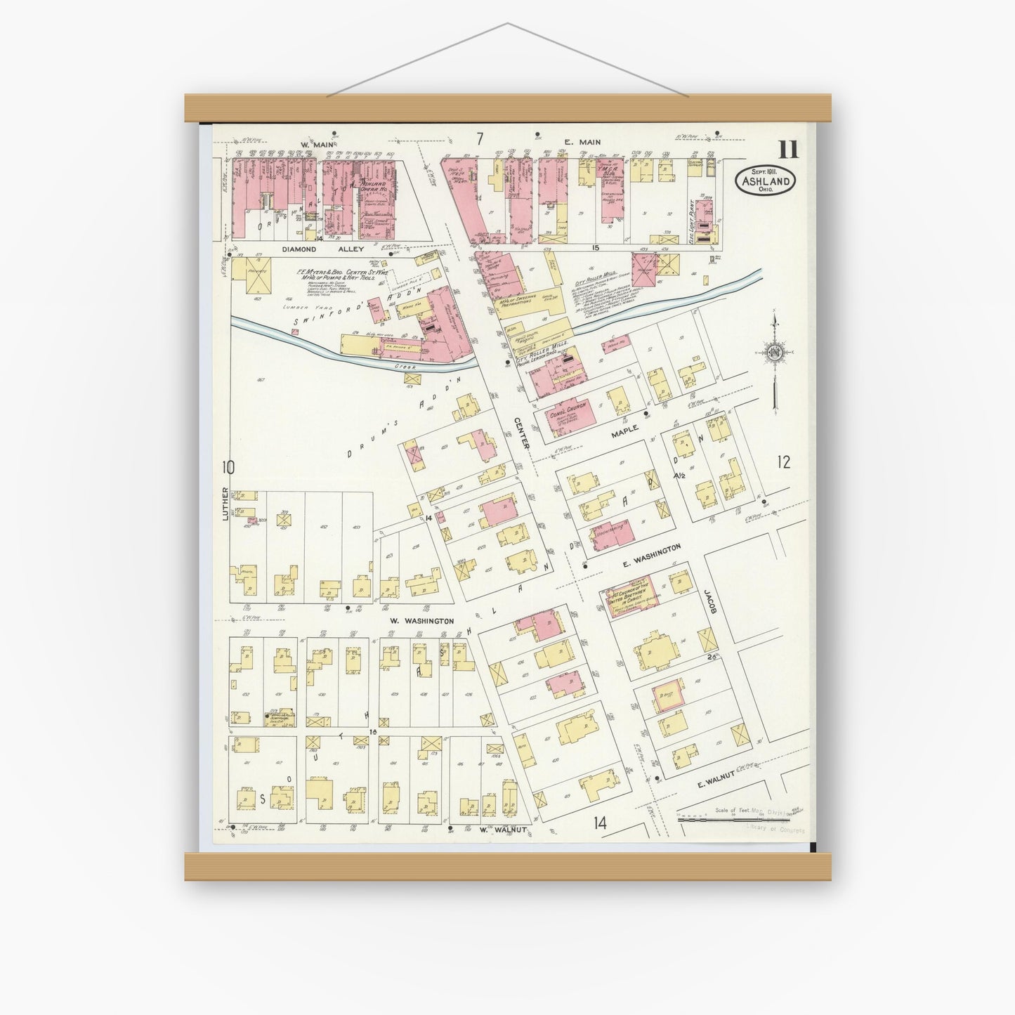 Old map wall art mockup — magnetic wood frame on white wall — Sanborn Fire Insurance Map from Ashland, Ashland County, Ohio (1911), Sheet #0011