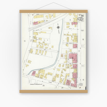 Old map wall art mockup — magnetic wood frame on white wall — Sanborn Fire Insurance Map from Clinton, Worcester County, Massachusetts (1911), Sheet #0014
