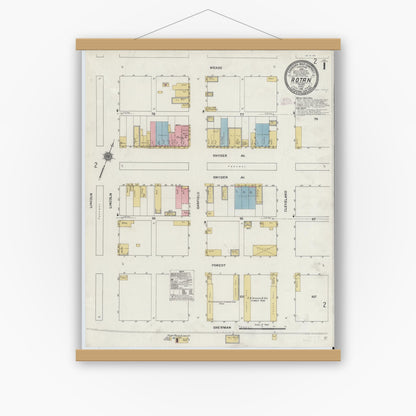 Old map wall art mockup — magnetic wood frame on white wall — Sanborn Fire Insurance Map from Rotan, Fisher County, Texas (1911), Sheet #0001