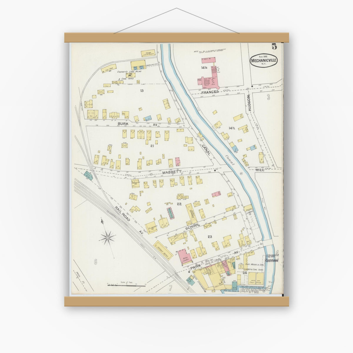 Old map wall art mockup — magnetic wood frame on white wall — Sanborn Fire Insurance Map from Mechanicville, Saratoga County, New York (1892), Sheet #0005
