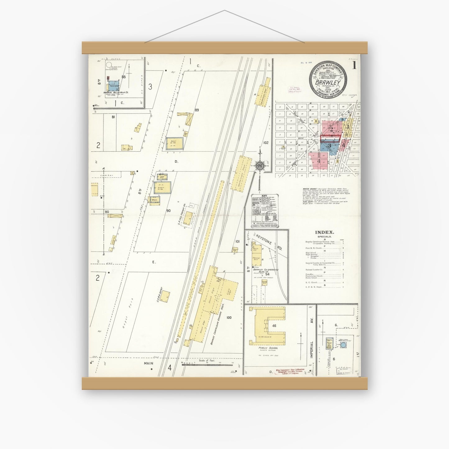 Old map wall art mockup — magnetic wood frame on white wall — Sanborn Fire Insurance Map from Brawley, Imperial County, California (1911), Sheet #0001