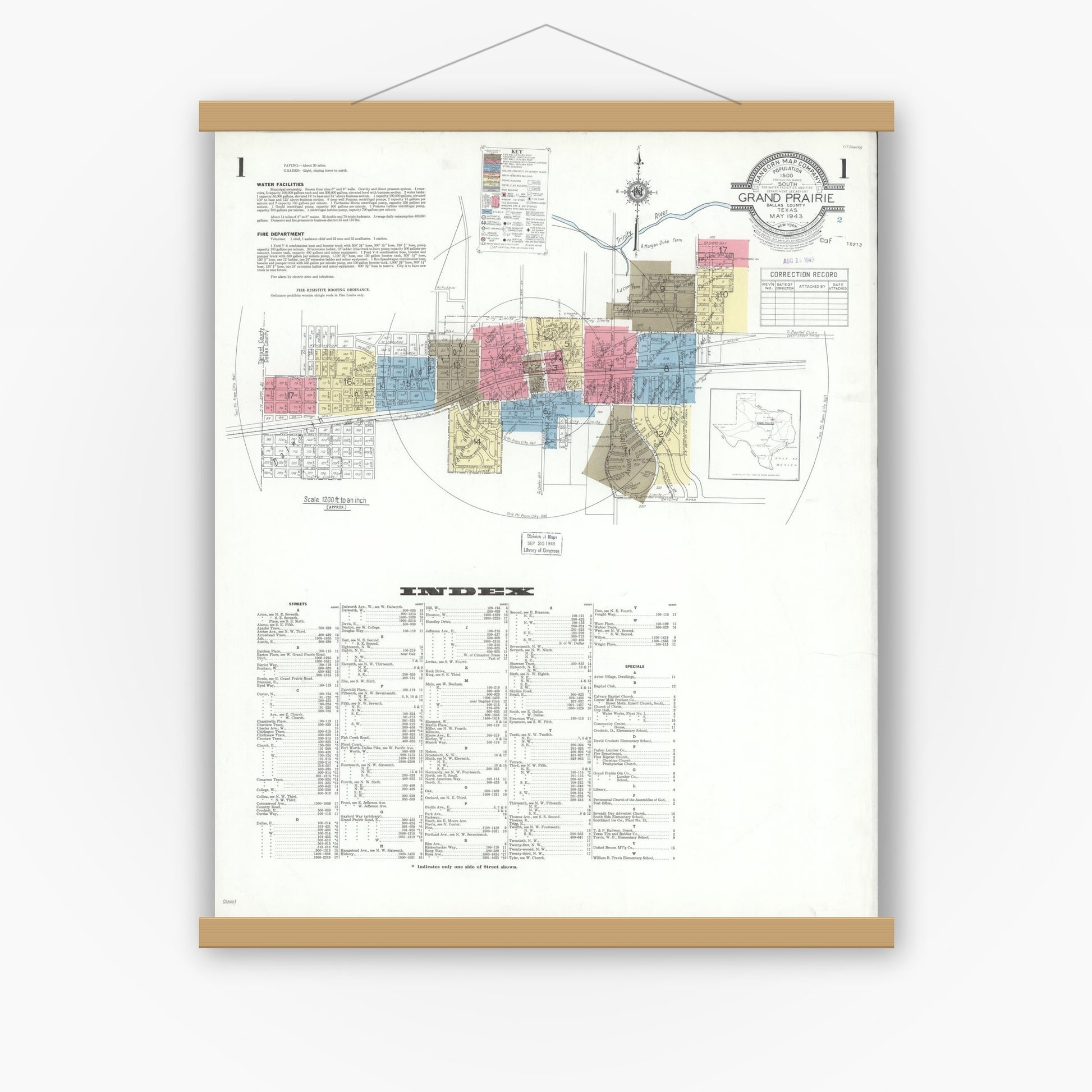 Old map wall art mockup — magnetic wood frame on white wall — Sanborn Fire Insurance Map from Grand Prairie, Dallas County, Texas (1943), Sheet #0001