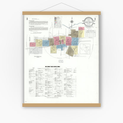 Old map wall art mockup — magnetic wood frame on white wall — Sanborn Fire Insurance Map from Grand Prairie, Dallas County, Texas (1943), Sheet #0001