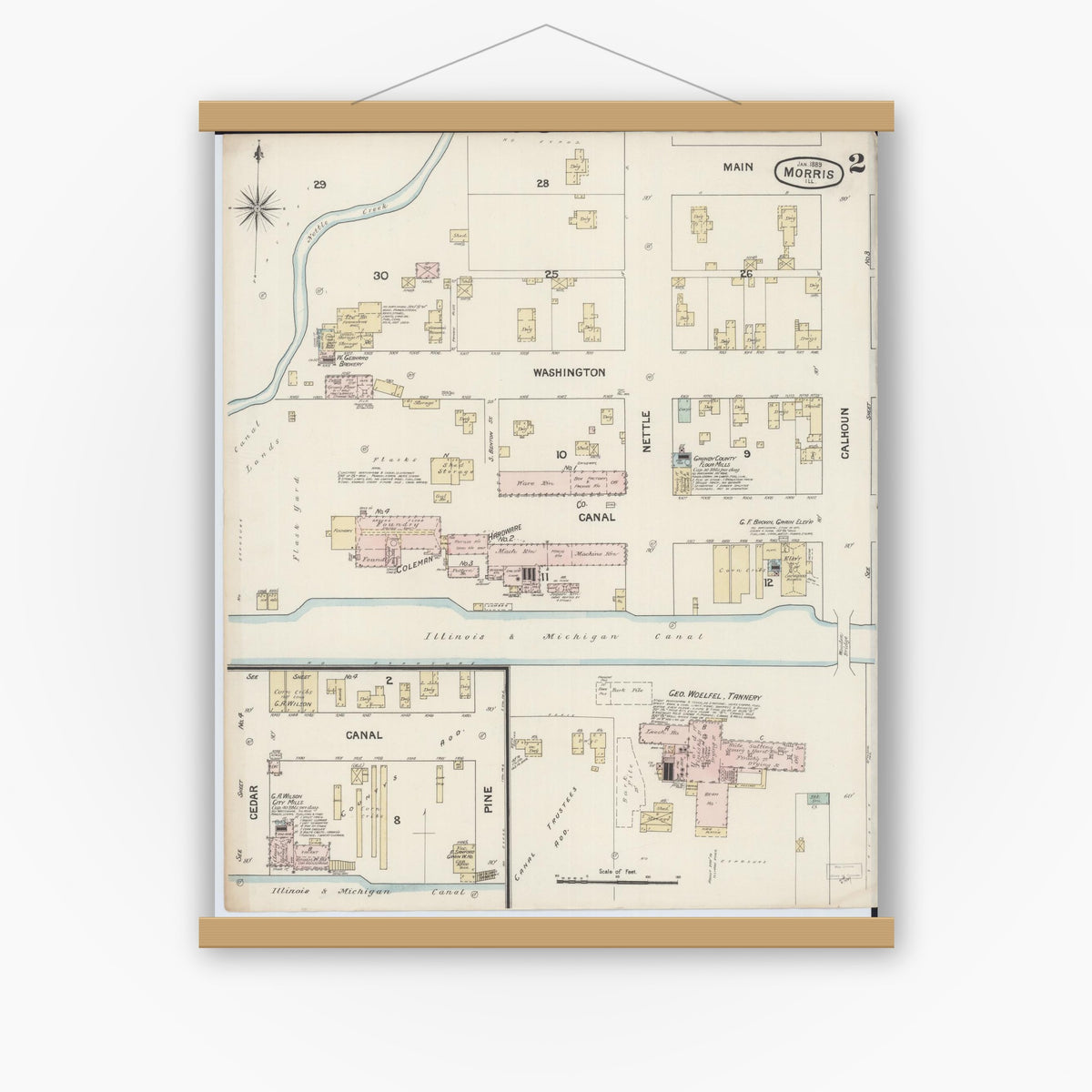 Old map wall art mockup — magnetic wood frame on white wall — Sanborn Fire Insurance Map from Morris, Grundy County, Illinois (1889), Sheet #0002