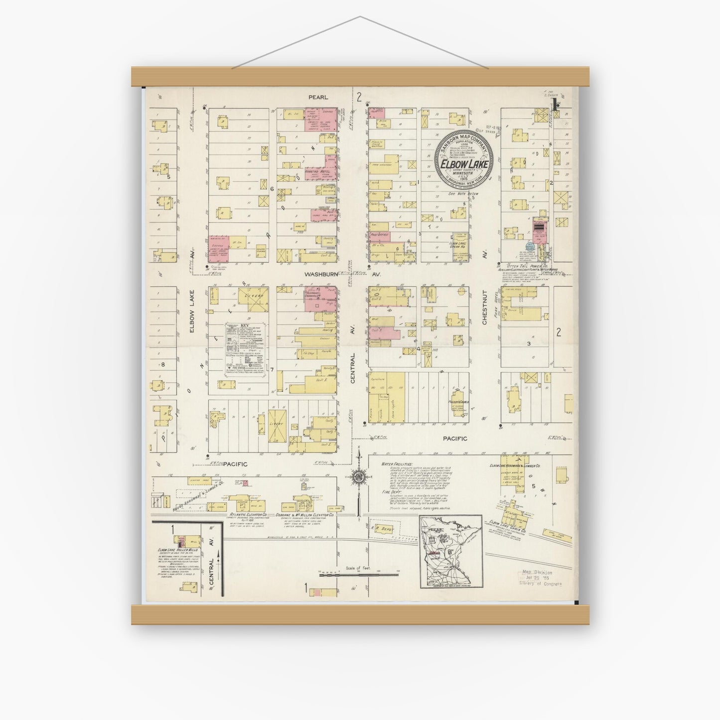 Old map wall art mockup — magnetic wood frame on white wall — Sanborn Fire Insurance Map from Elbow Lake, Grant County, Minnesota (1915) - Complete Map Set