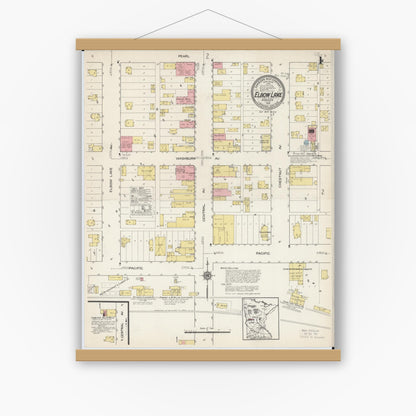Old map wall art mockup — magnetic wood frame on white wall — Sanborn Fire Insurance Map from Elbow Lake, Grant County, Minnesota (1915) - Complete Map Set