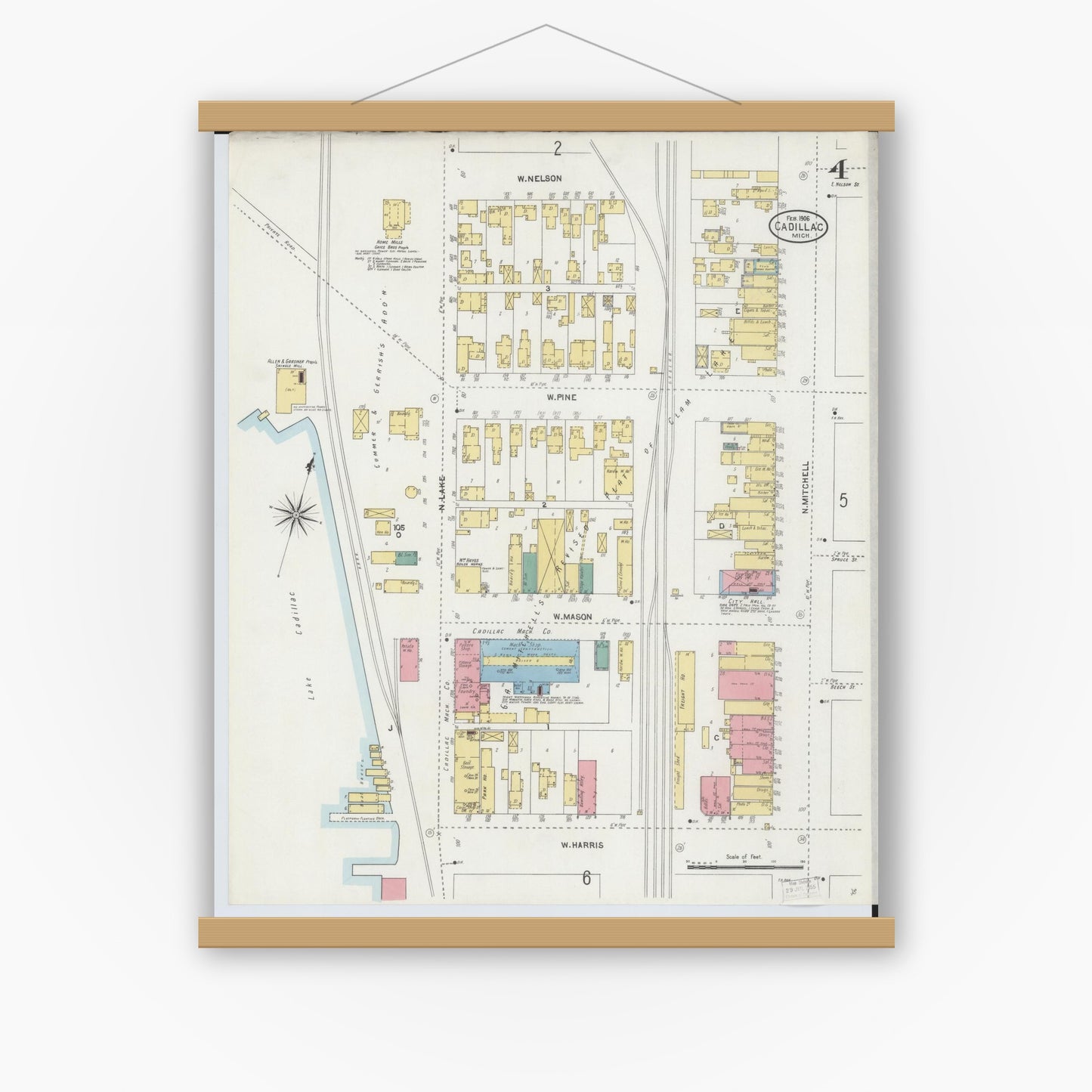 Old map wall art mockup — magnetic wood frame on white wall — Sanborn Fire Insurance Map from Cadillac, Wexford County, Michigan (1906), Sheet #0004
