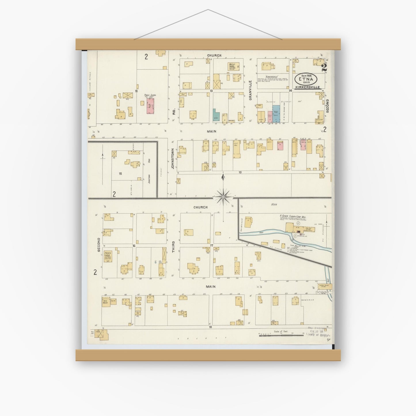 Old map wall art mockup — magnetic wood frame on white wall — Sanborn Fire Insurance Map from Etna, Luking County, Ohio (1905), Sheet #0002