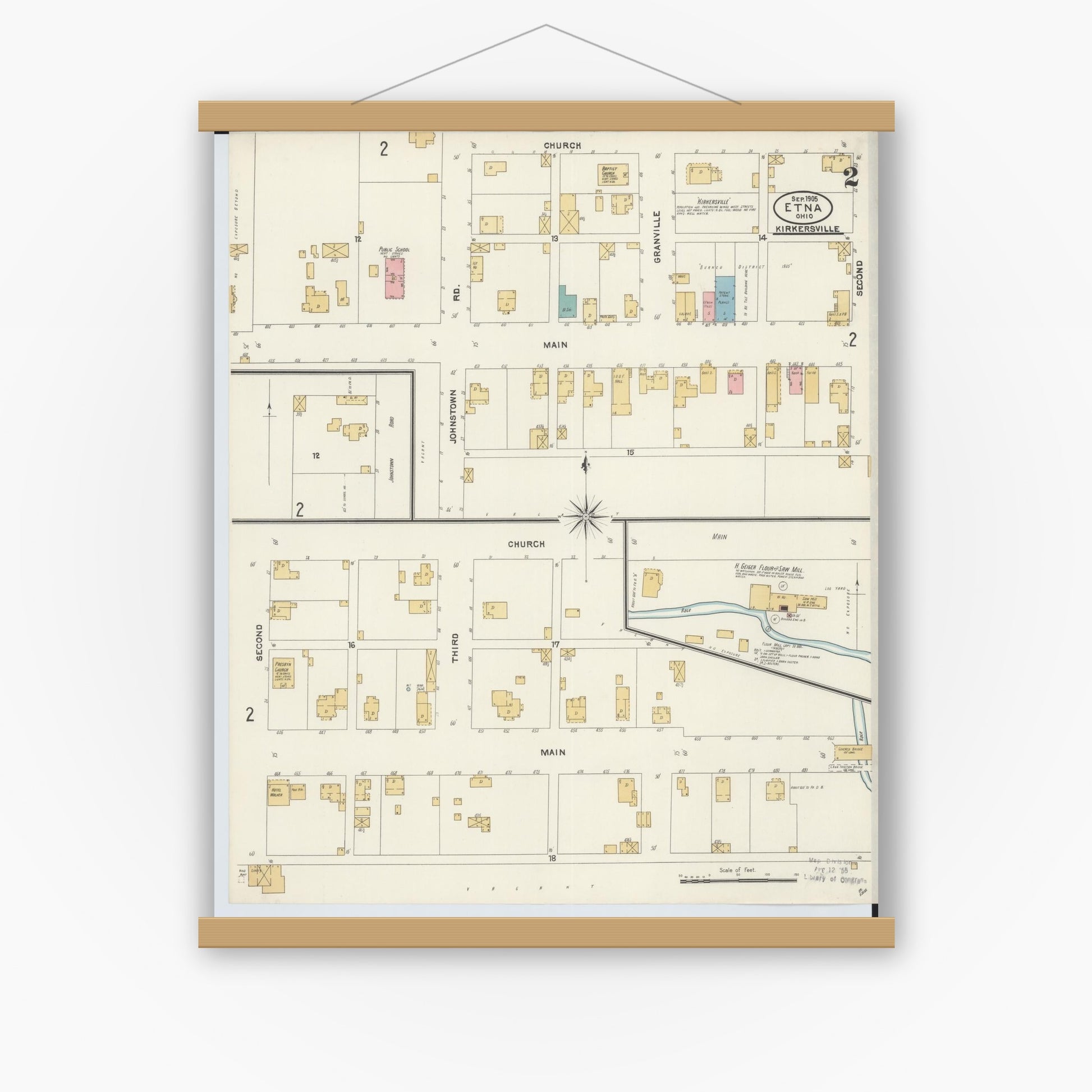Old map wall art mockup — magnetic wood frame on white wall — Sanborn Fire Insurance Map from Etna, Luking County, Ohio (1905), Sheet #0002