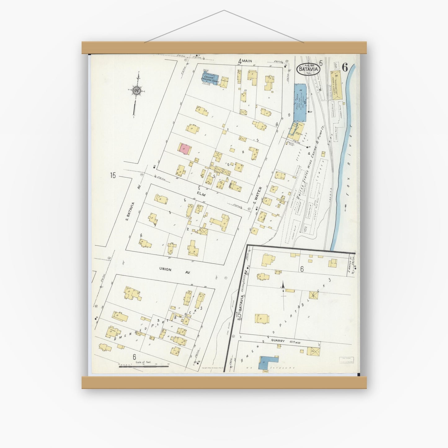 Old map wall art mockup — magnetic wood frame on white wall — Sanborn Fire Insurance Map from Batavia, Kane County, Illinois (1916), Sheet #0006