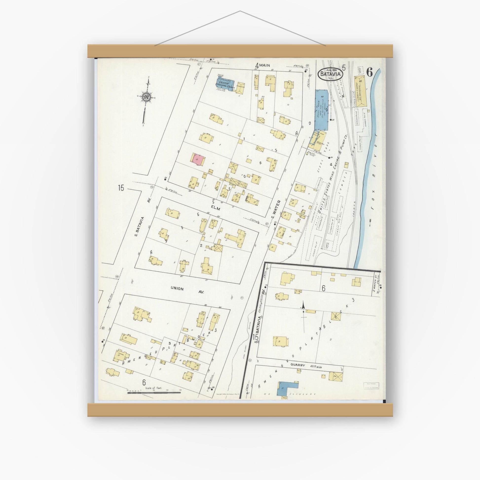 Old map wall art mockup — magnetic wood frame on white wall — Sanborn Fire Insurance Map from Batavia, Kane County, Illinois (1916), Sheet #0006
