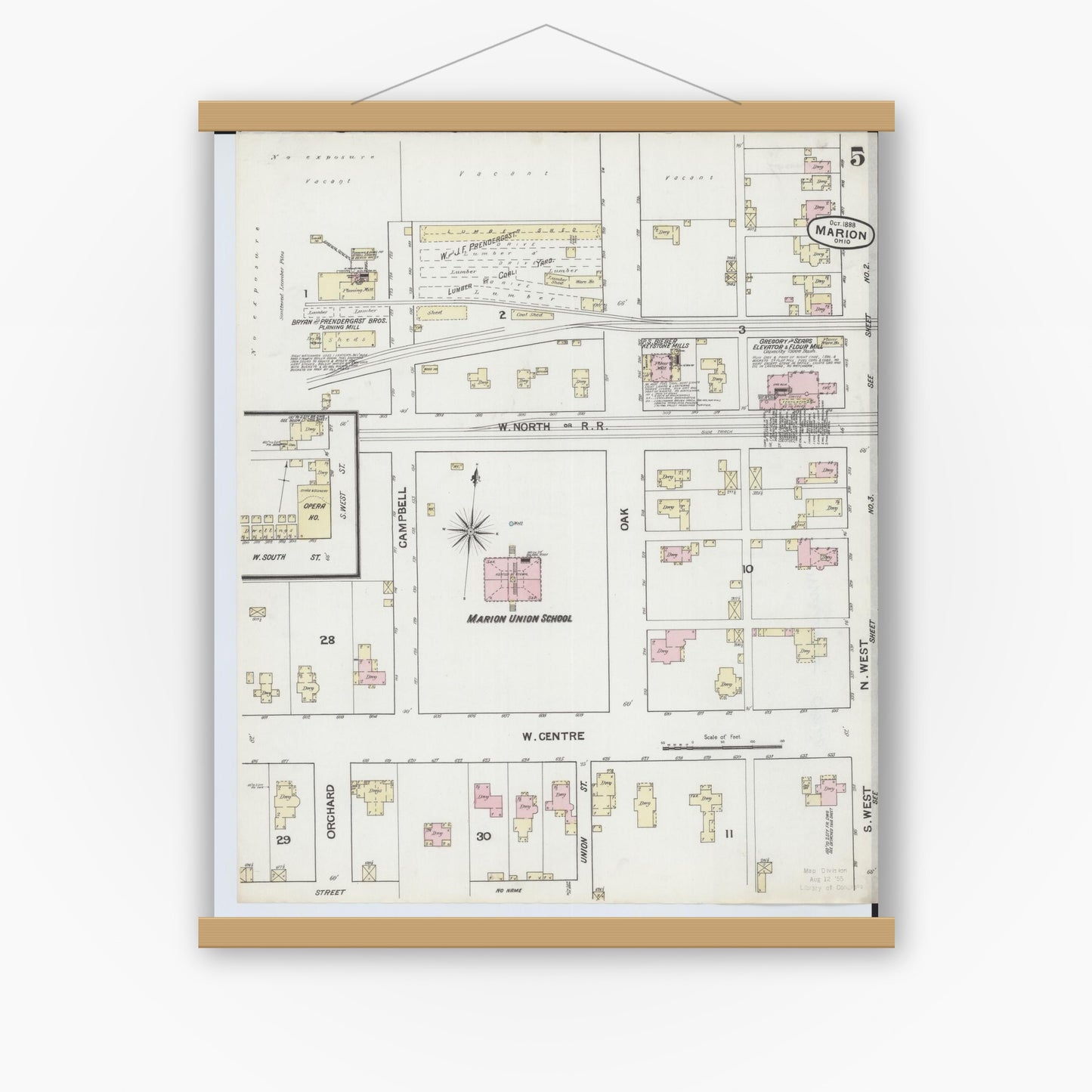 Old map wall art mockup — magnetic wood frame on white wall — Sanborn Fire Insurance Map from Marion, Marion County, Ohio (1888), Sheet #0005