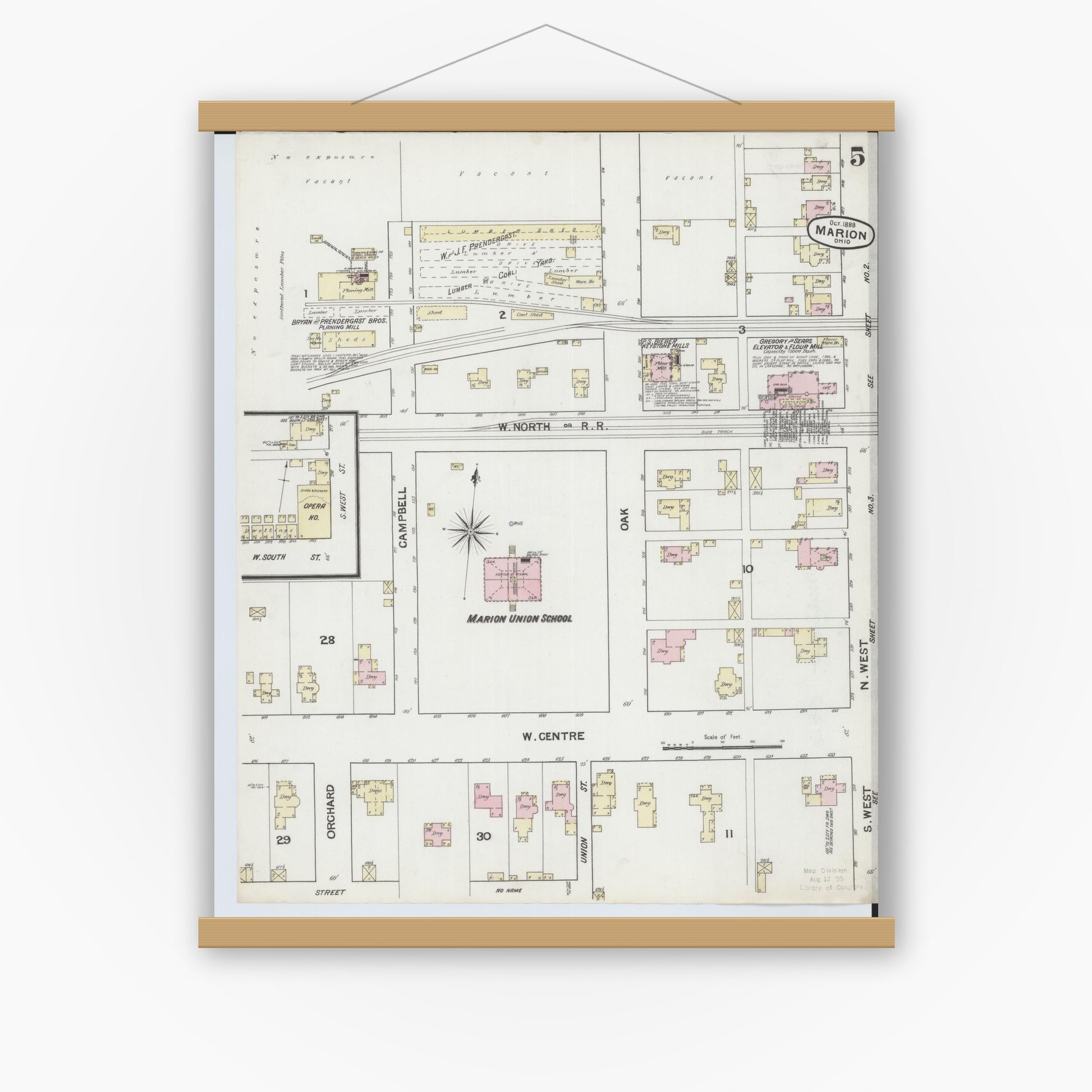 Old map wall art mockup — magnetic wood frame on white wall — Sanborn Fire Insurance Map from Marion, Marion County, Ohio (1888), Sheet #0005