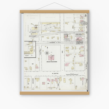 Old map wall art mockup — magnetic wood frame on white wall — Sanborn Fire Insurance Map from Marion, Marion County, Ohio (1888), Sheet #0005