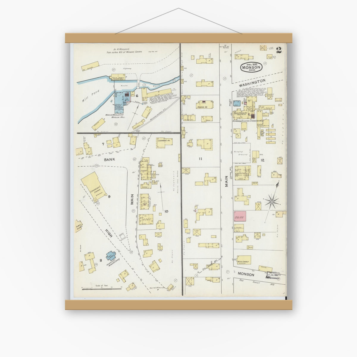 Old map wall art mockup — magnetic wood frame on white wall — Sanborn Fire Insurance Map from Monson, Hampden County, Massachusetts (1892), Sheet #0002