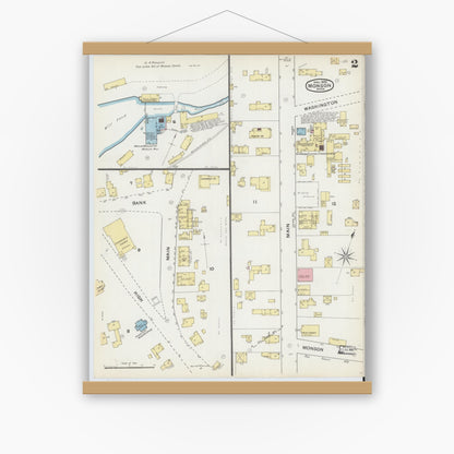 Old map wall art mockup — magnetic wood frame on white wall — Sanborn Fire Insurance Map from Monson, Hampden County, Massachusetts (1892), Sheet #0002