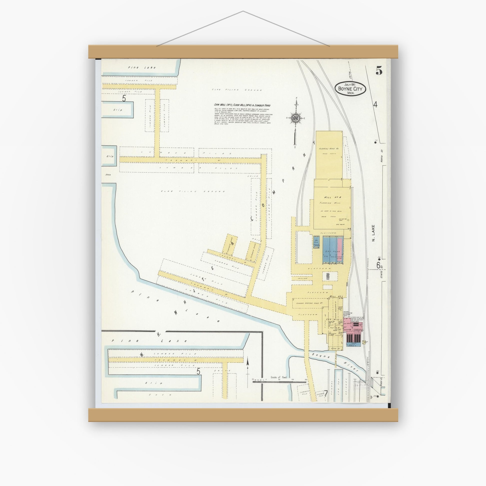Old map wall art mockup — magnetic wood frame on white wall — Sanborn Fire Insurance Map from Boyne City, Charlevoix County, Michigan (1911), Sheet #0005