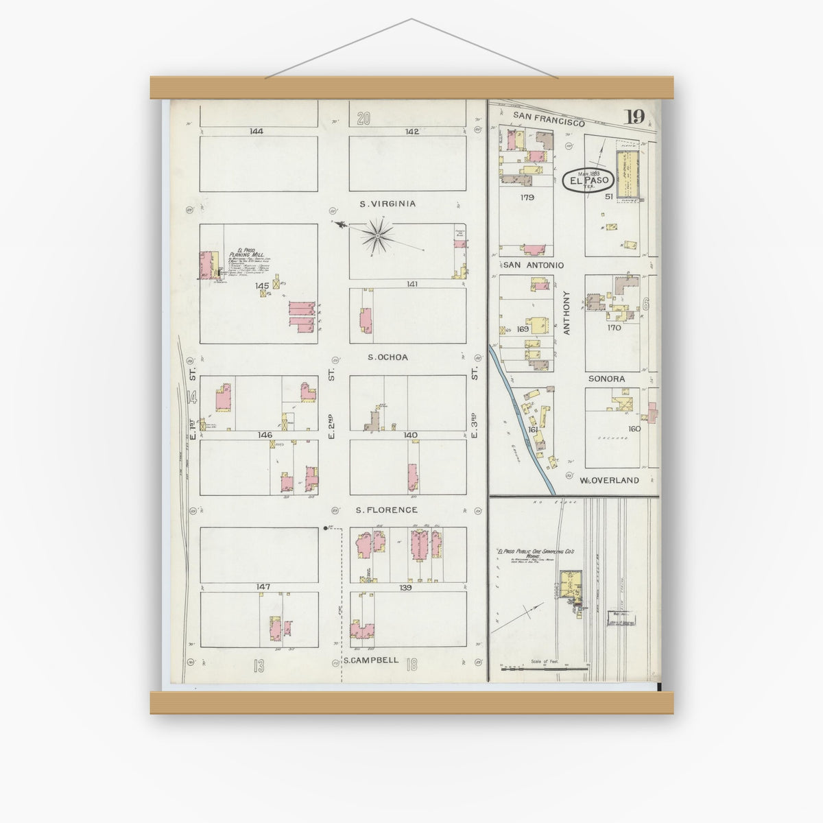 Old map wall art mockup — magnetic wood frame on white wall — Sanborn Fire Insurance Map from El Paso, El Paso County, Texas (1893), Sheet #0019
