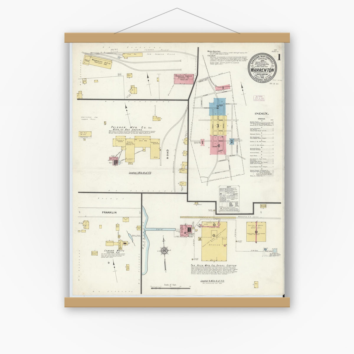 Old map wall art mockup — magnetic wood frame on white wall — Sanborn Fire Insurance Map from Warrenton, Warren County, North Carolina (1912) - Complete Map Set